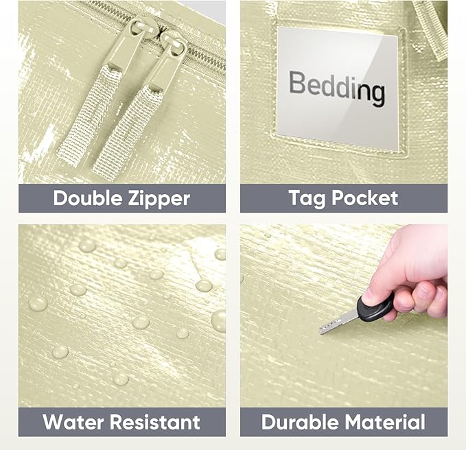 TICONN 4 Pack Extra Large Moving Bags Heavy Duty with Zippers & Carrying Handles, Durable Storage Bags Moving Boxes for Closet Organizers and Storage (4 Pack, Cream)