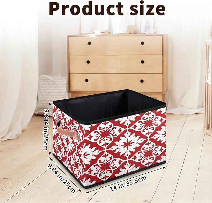 Mexican Tile Closet Storage Bin, Foldable Storage Baskets for Shelves, Decorative Shelf Organizer Red Mexico Tile Fabric Cube Bin for Living Room Bedroom Home Dorm