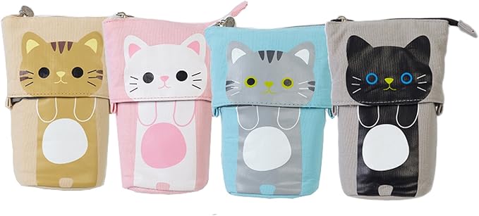 iSuperb Standing Pencil Pouch Pencil Case Cute Cat Telescopic with Zipper Canvas Kwaii Cartoon Pencil Bag Stationery Box for Kids Girls Boys School Supplies 7.5 x 4.9 x 3.0inch/4.1x 3.0inch