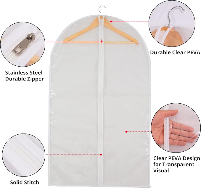 Clear Garment Bags for Long Gowns, Vinyl Dress Storage Bags, Zippered Plastic Protector for Dresses, 24"x60", 6 Pack