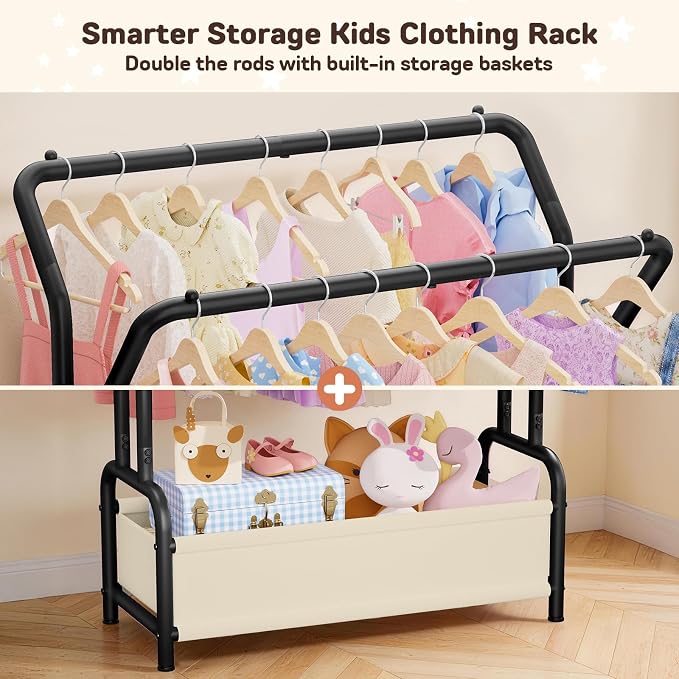 Small Kids Clothing Rack for Kids Room: Double Hanging Rods & Storage Basket - Height Adjustable Dress Up Storage - Anti-Tip Boys Baby Clothing Rack Open Nursery Baby Closet for Costumes, Shoes, Toys