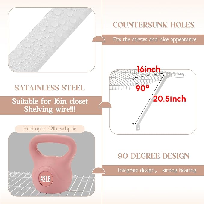 6 Pcs Support Brackets for 16in Wide Shelving Wire Wire Shelf Brackets Closet Rod Bracket Closet Support Bracket with Anchors and Pins for Installation Wires Shelving Supports Closets