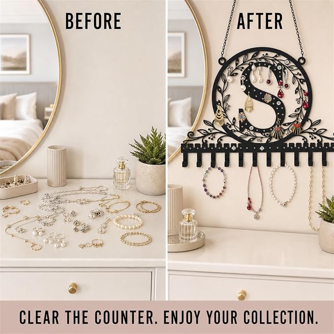 Personalized Wall Mounted Metal Initial Letter S Earring Holder Jewelry Organizer for Earrings and Necklaces Space Saving Wall Display with Hooks Jewelry Storage Bedroom Vanity Gift for Women