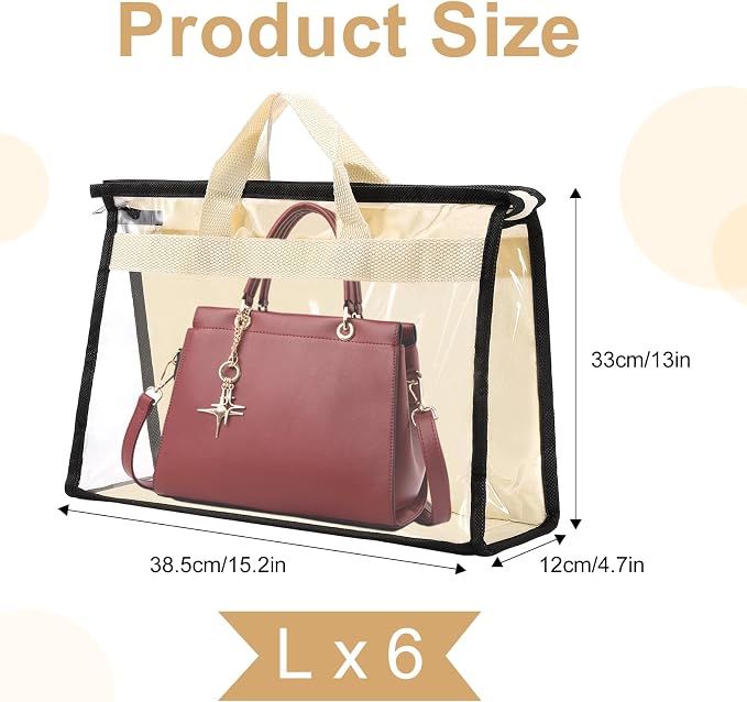 Dust Bags for Handbags,6 Pack Clear Handbag Storage Organizer,Purse Storage Bag with Zipper and Handle,Handbag Dust Bags for Closet Hanging Storage (6pcs L)