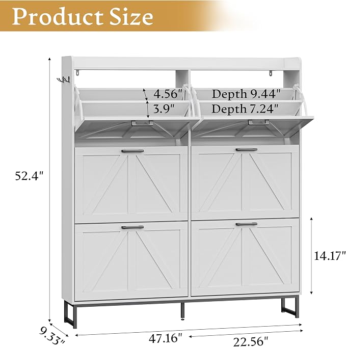 Wodeer Shoe Cabinet Storage for Entryway, Shoe Storage Cabinet with 6 Flip Drawers, Freestanding Narrow Shoe Rack Organizer with Metal Legs, Adjustable Shelves & Open Storage for Foyer, Hallway, White