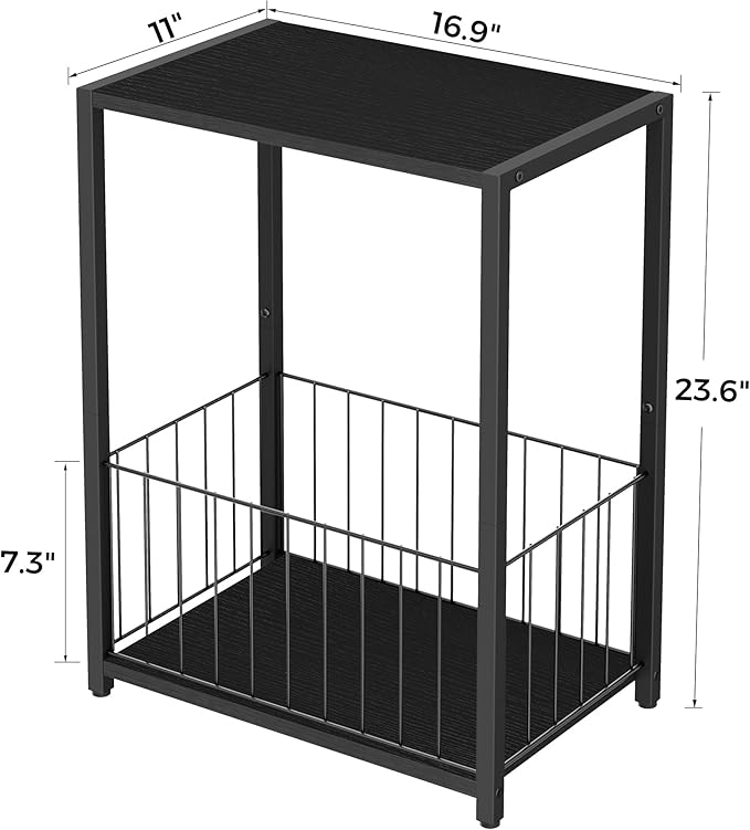 Homleke Side Table with Magazine Holder, Record Player Stand with LP Shelf | LP Storage, Magazine Holder, Easy Assembly, Living Room, Bedroom, Bedside, 11" D x 16.9" W x 23.6" H, Black