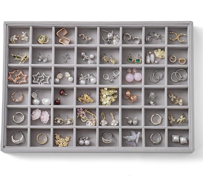 Large Jewelry Organizer for Drawer Insert Velvet Stackable Jewelry Trays for Earring Necklace Bracelet Ring Display (Gray, 48 Grids)