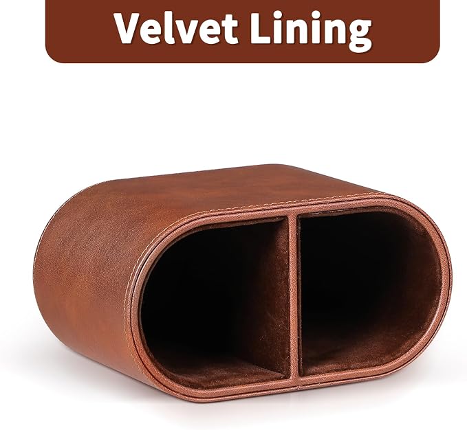 Pen Holder for Desk, Small Remote Control Holder, Brown | 2-Compartment Oval Pencil Cup with Soft Velvet Lining, PU Leather Desktop Organizer Caddy for Home School Office Desk