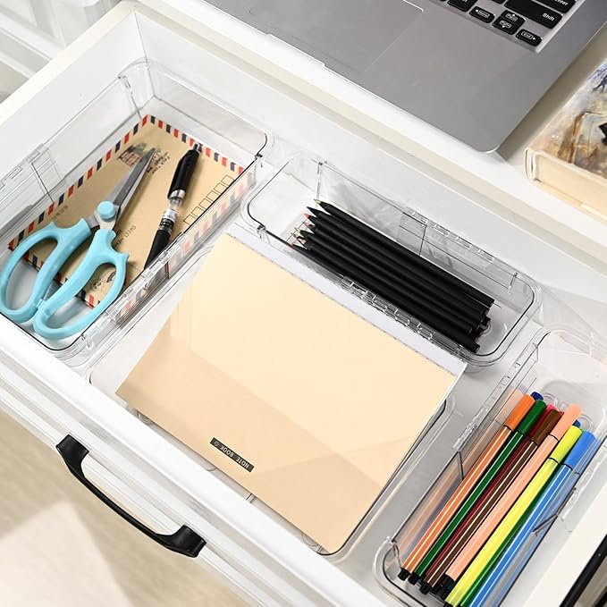 8 Pcs Medium Extendable Clear Drawer Organizer, All Adjustable Vanity Storage Box, 2-Size Desk Drawer Organizer, Acrylic Storage Bins for Makeup, Cosmetic, Bedroom Dressers Tool Organizer for Gadgets