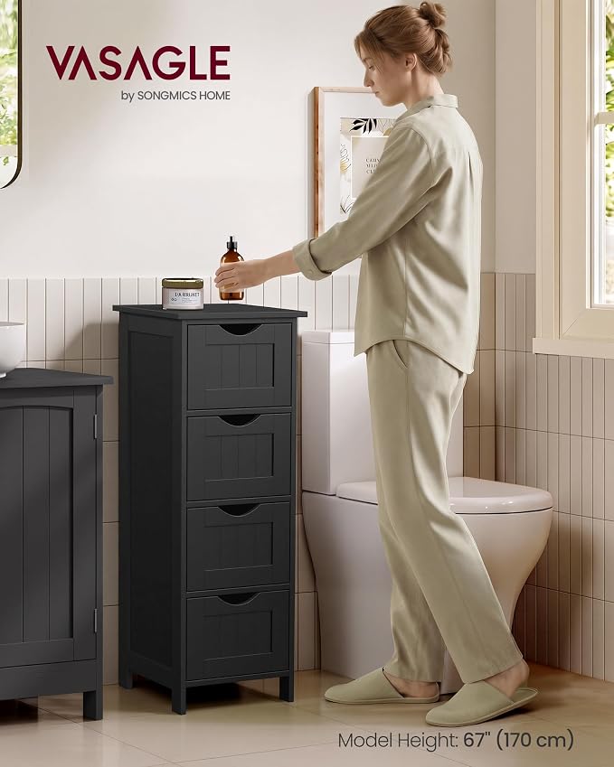 VASAGLE Slim Bathroom Storage Cabinet, MDF Freestanding Floor Organizer with 4 Drawers, Narrow Laundry Room Storage, 11.8 x 11.8 x 32.4 Inch, Black, for Kitchen Pantry, Sofie Collection ULHC040B01