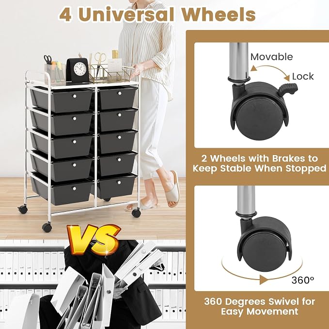 Moccha Rolling Storage Cart with 10 Drawers - Under Desk Storage Drawers with wheels for Craft Art Supply Paper Salon, Storage Drawers Organizer for Classroom Office Movable Utility Cart