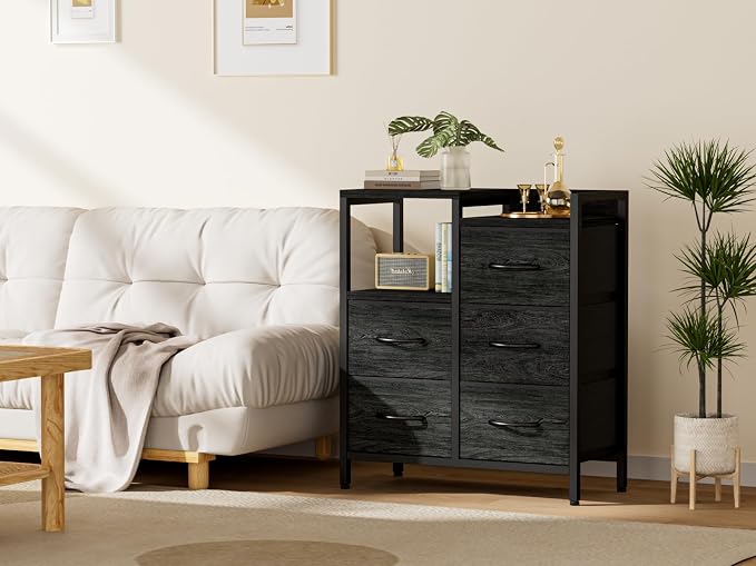 Furnulem Black Dresser for Bedroom, 5 Drawer Small Fabric Closet Dresser | Small Chest of Drawers, Storage Cabinet Organizer with 2 Tier Shelf, Drawer Units with Metal Frame, Dresser for Dorm, Hallway
