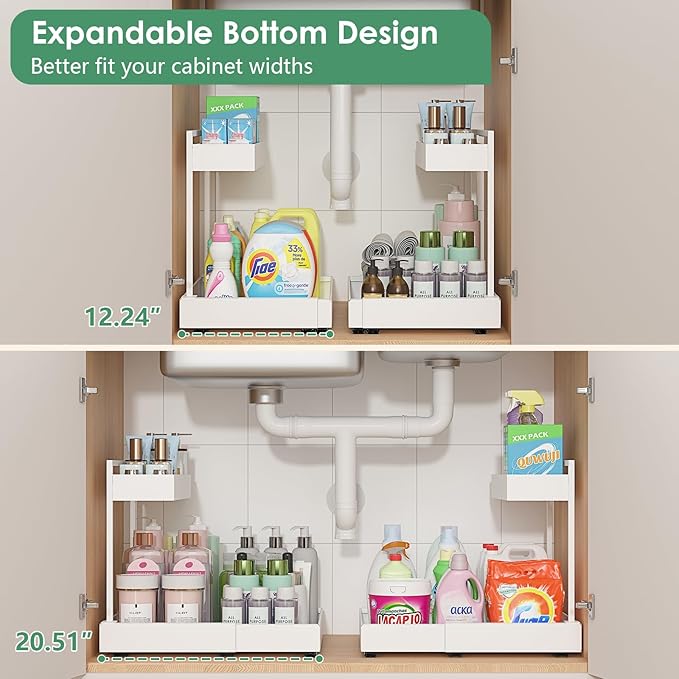 REALINN Expandable Under Sink Organizers and Storage, 2 Tier Under Cabinet Organizer, Heights Adjustable Pull Out Rack for Kitchen Bathroom Laundry, White, 2 Pack