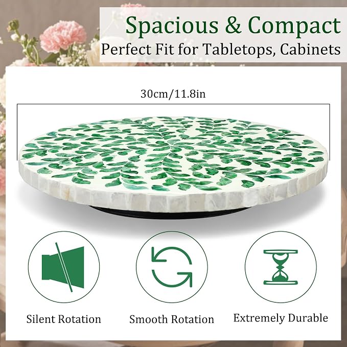 Reallnaive Mother of Pearl Lazy Susan for Table Turntable Organizer Marble Patterned Lazy Susan Wood Spinning Tray Rotating for Kitchen Cabinet Spice Pantry 12 Inch(Round,Green Grass)