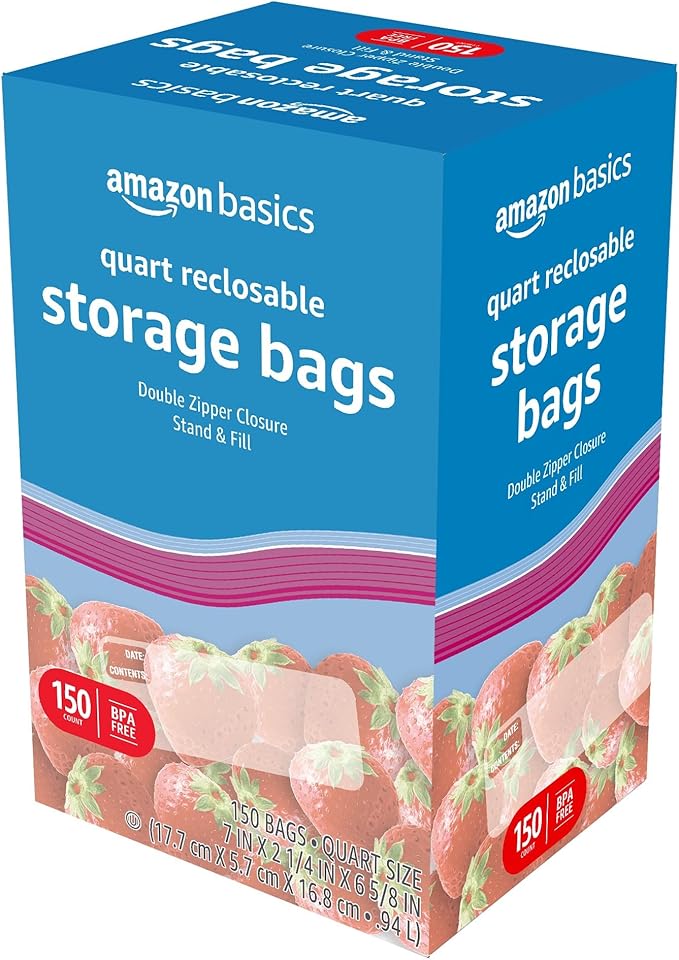 Amazon Basics Reclosable Quart Food Storage Bags, BPA Free, 150 Count (Pack of 2)