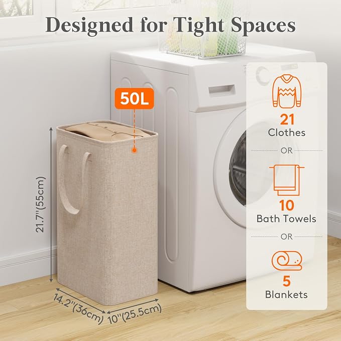 Lifewit Slim Laundry Hamper, Narrow Small Laundry Basket with Handle for Dirty Clothes, Collapsible Tall Thin Laundry Bin for Bathroom Bedroom Dorm College, 50L, Beige