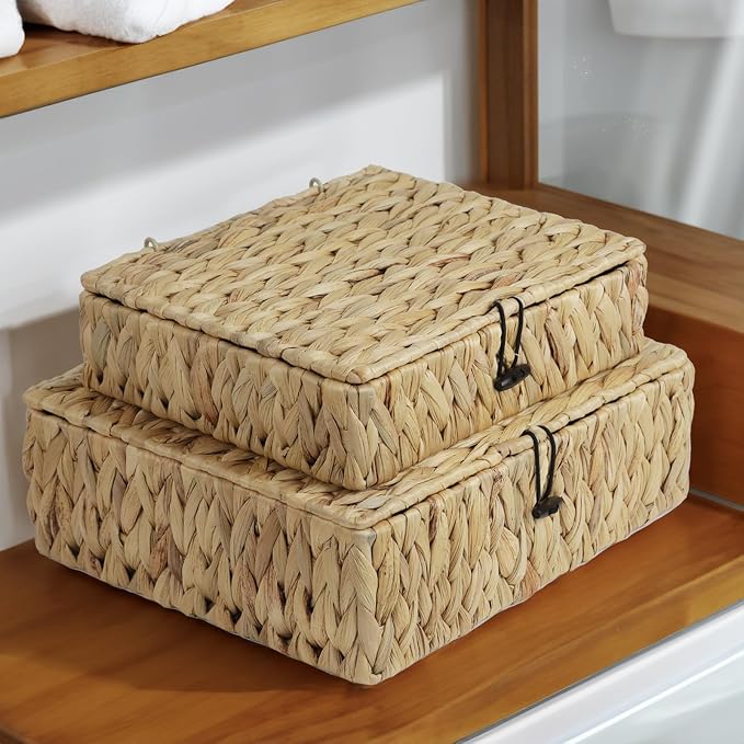 Wicker Basket with Lid, Set of 2 Decorative Storage Baskets Bins Boxes, Water Hyacinth Woven Basket for Storage, Flat Shelf Baskets for Organizing Home Decor