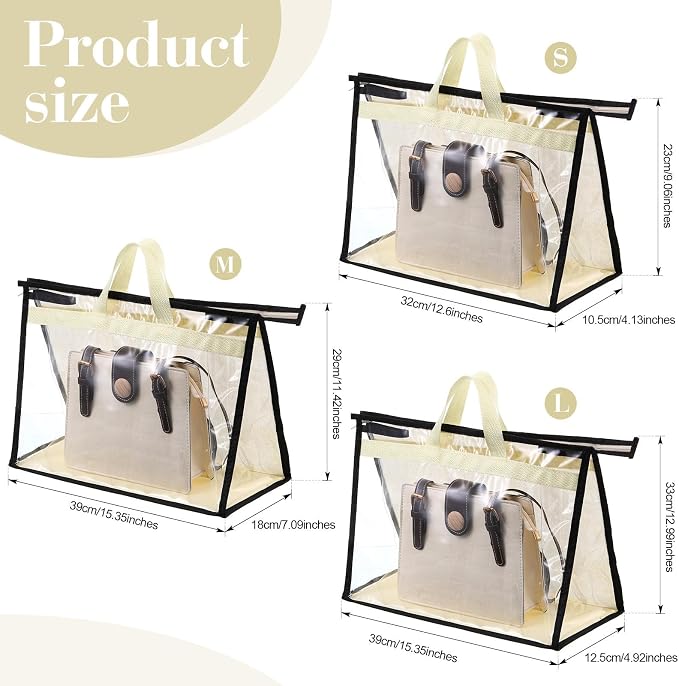 15 Packs Purse Storage Dust Bags for Handbags Clear Handbag Storage Purse Protector Bag Organizers for Handbags Cover Hanging Closet Organizer with Zipper and Handles, 3 Sizes