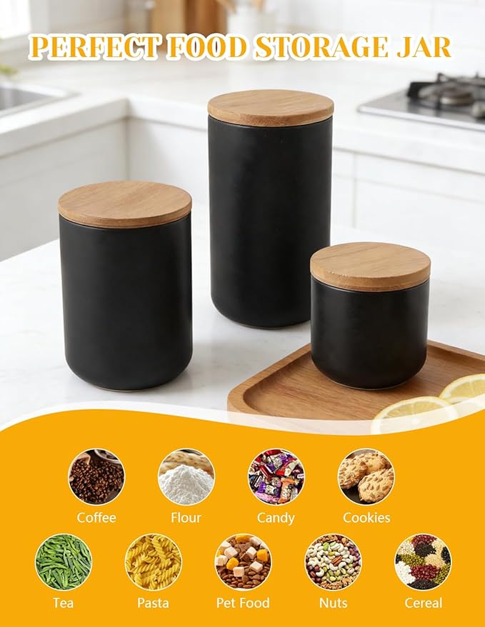 Ceramics Food Storage Jar Canister with Airtight Seal Bamboo Lid, Simple Style Kitchen Canister for Food Storage, Store Coffee, Sugar, Tea, Spices and More (Black (27.05oz/800ml))
