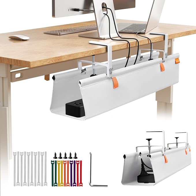 Under Desk Cable Management Tray with Clamp, No Drill 28" Cord Organizer for Desk, Desk Cable Management Fabric Tray for Standing Desks, Ideal for Home & Office - White