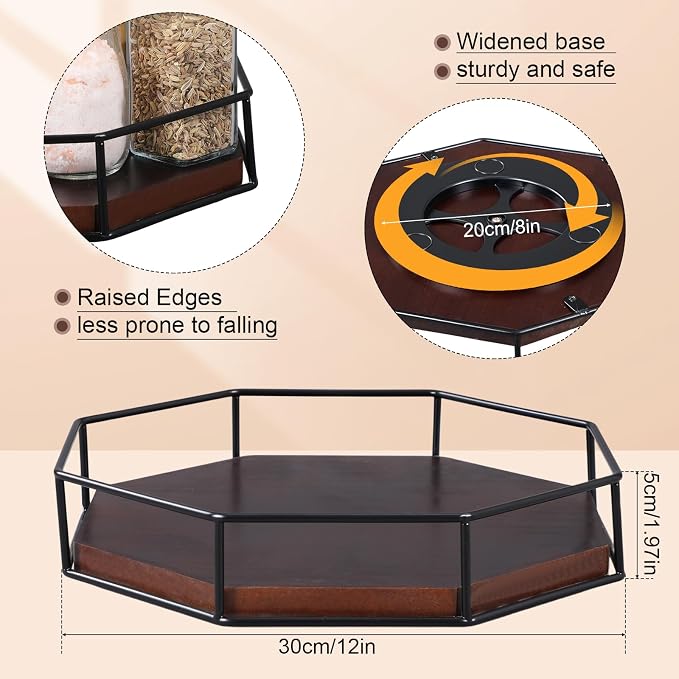 Sliner 12" Lazy Susan Turntable Organizer Octagonal Wooden Rotating Tray with Metal Guard Rail Farmhouse Storage for Cabinet Kitchen Table Countertop Pantry Dining Coffee Farmhouse Bathroom Vanity