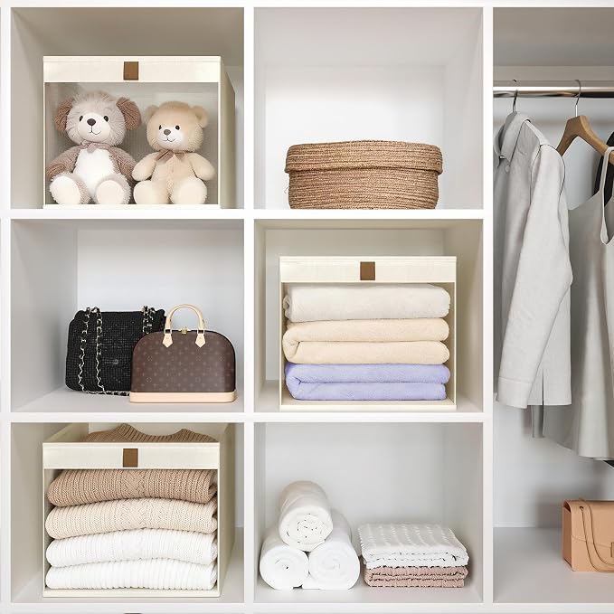 Linen Closet Organizers and Storage, Closet Storage Bins Basket Organizer, Foldable Organization Baskets with Mesh Window for Clothes Towels and Toys, 12.75" x 12.75" x 9", Beige, 2 pack