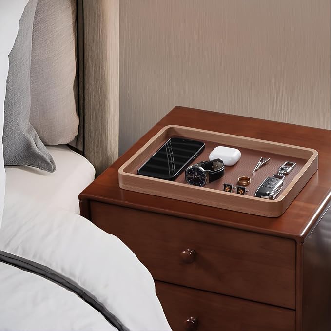 ProCase Wood Valet Tray for Men, Key Tray, Desk & Nightstand -LightBrown | Wood Catch-All EDC Tray for Nightstand Decor, Desk & Entryway, Holds Keys, Wallets, Watches, Phones & Coins