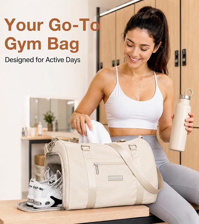 FIORETTO Womens Gym Tote Duffle Bag with Wet Pocket & Shoe Compartment, Sports Duffel Overnight Weekender Hospital Workout Carry on Bag for Girls, Ideal for Travel, Swimming, Dance, Ballet Beige