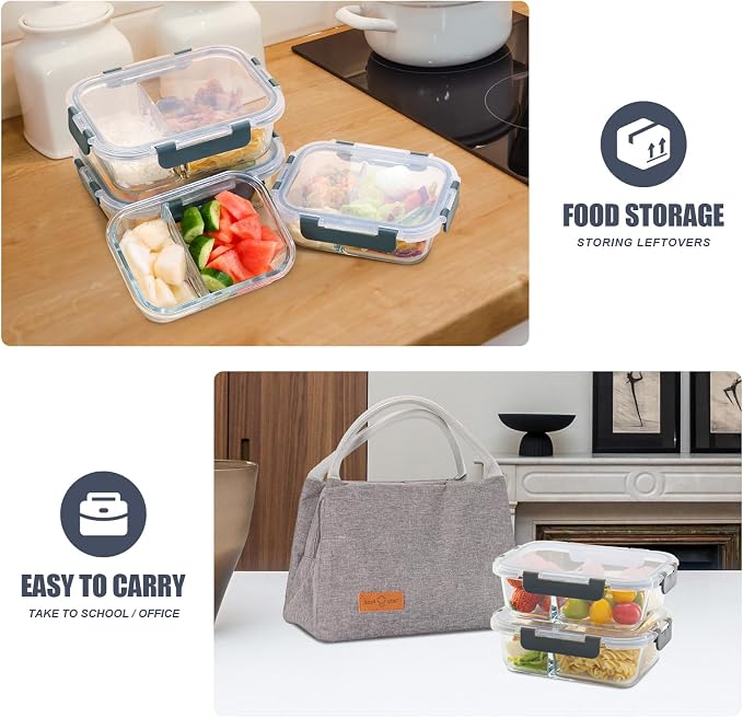 2 & 3 Compartment Glass Meal Prep Containers 6 Pack, 34oz Lunch Containers | Portion Control, Glass Food Storage Containers with Airtight Lids, Microwave, Freezer, Dishwasher Safe, Leak-Proof