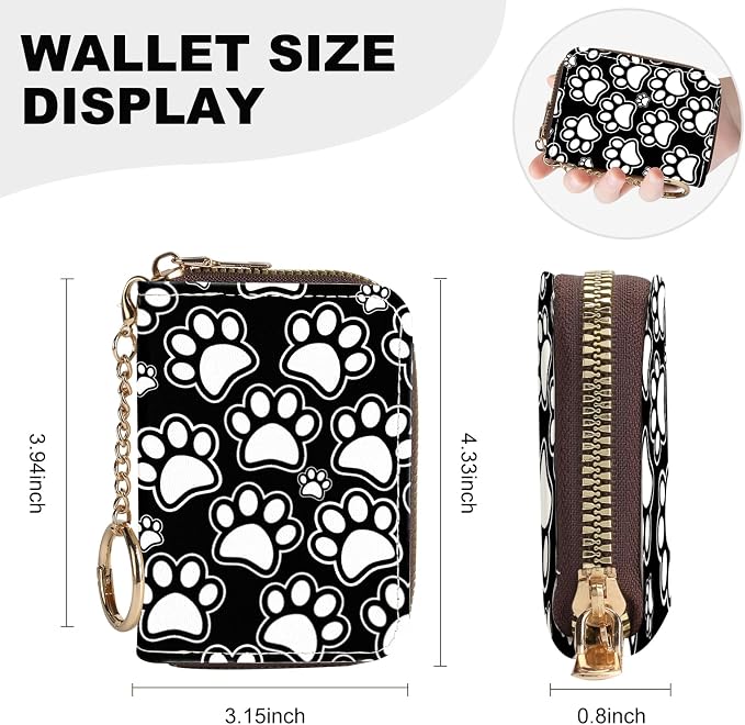 Credit Card Holder for Women,Small Rfid Wallet with Keychain Zipper,Cute PU Leather Card Case Wallet，Accordion Credit Card Wallets Gift,Black and white paw prints