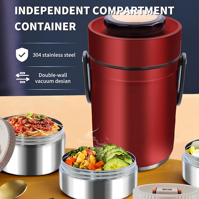 67 oz Adults Stainless Steel Vacuum Insulated Wide Mouth Soup Food Thermo Hot Food Jar with Keep Thermal Portable 3 Tier Stackable Bento Hot Food Containers Lunch Boxes (67 oz Red)