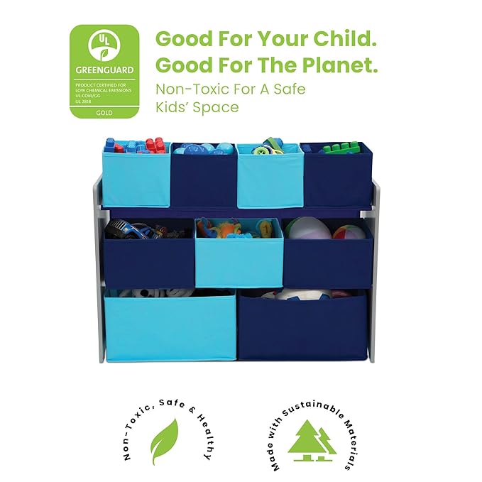 Delta Children Deluxe Multi-Bin Toy Organizer with Storage Bins, Grey/Blue Bins