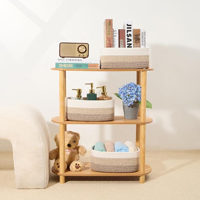 MiniArk Small Storage Baskets for Organizing | Closet Organizer Bins | Shelf Toy Basket | Woven Rope Baskets | Cube Decorative Box | Shallow Basket |11.5x7.5x4.7”| 3 Packs Gradient Brown