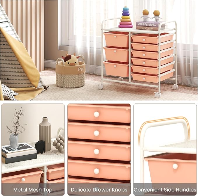 Moccha 9-Drawer Rolling Storage Cart - Under Desk Storage Drawers with wheels for Craft Art Supply Paper Salon, Scrapbook Paper Tools, Mobile Utility Cart for Classroom, Peach