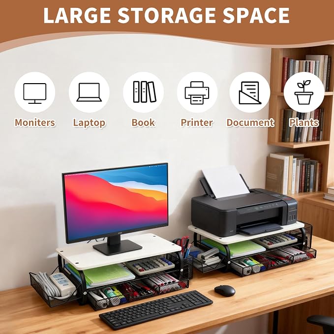 Desk Organizers and Accessories Monitor Riser, Monitor Stand with Drawer (2-Tier Drawers) with Large Side Storage Rack & Cable Management,66LBS/30KG, Office Organization, White