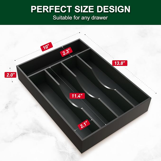 Utensil Organizer 10'' Silverware Drawer Organizer Cutlery Kitchen Bamboo | Natural Bamboo Black, 5 Compartment, Durable, Small Narrow Organizer, Silverware Tray, Utensil Holder, Silverware Organizer
