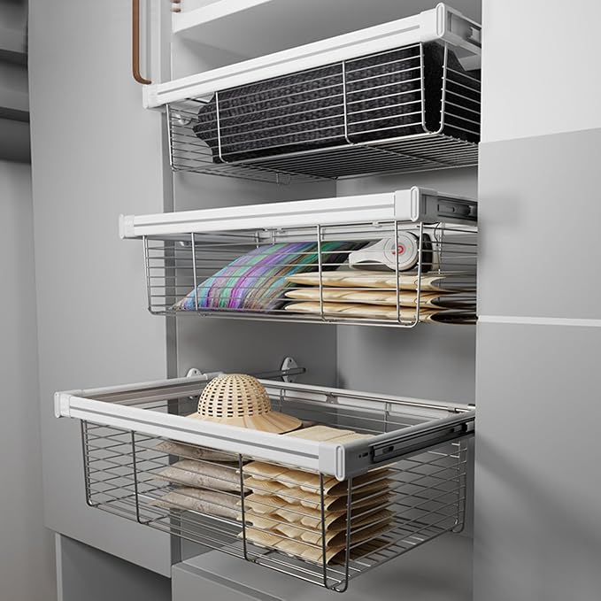 Closet Pull-Out Basket,Stackable Storage Bins,Stainless Steel Stackable Shelf Baskets Organizer,Adjusted Width for Bedroom Office Bathroom(16.53-18.5in)