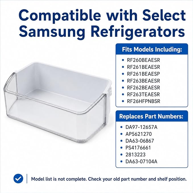 DA97-12657A Refrigerator Door Shelf Bin Compatible with Samsung | Clear Left Door Bin Fits RF260BEAESR, RF261BEAESR & RF261BEAESP, Replaces DA63-06867A AP5621270 PS4176668 EAP4176668