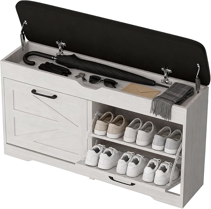 39" Shoe Storage Bench with Seat Cushion, Wood, Ash White | 8-Pair Shoe Capacity, 2 Doors, Comfortable Seating, Space-saving, Narrow Entryway Bench Ideal for Foyer, 330 lb Capacity