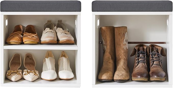YMYNY Small Shoe Storage Bench with Cushion, White, HBD028W | 2 Tier Entryway Bench with Storage, Small Shoe Rack Bench with Adjustable Shelf for Entryway 11 x 15.3 x 16.5 Inches