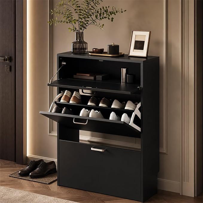 VINGLI Set of 2 Black Shoe Cabinet Storage for Entryway, 2-Pack Ultra Slim Shoe Organizer with 2 Flip & 1 Drop-Down Drawers, 24.8" W Narrow Shoe Cabinet, Modern Black Wood Shoes Rack for Hallway
