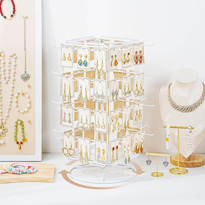 360 Rotating Earring Display Stands for Selling, 4 Tier Metal Earring Rack Holder Stand, Jewelry Display for Selling Earring Cards, Bracelets, Necklaces, KeyChains, Hair Accessories (48 Hooks)