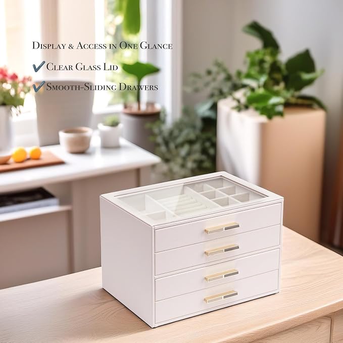 VLANDO 4-Drawer Jewelry Box with Glass Lid, Faux Leather Organizer for Rings Earrings Necklaces and More, Gift-Ready Jewelry Case for Women Girls or Moms, Pink Beige