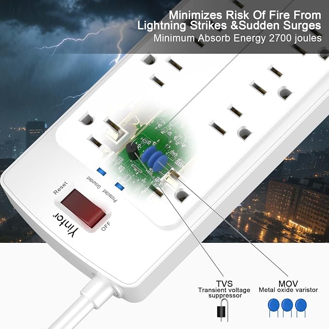 6 Feet Extension Cord Power Strip, Yintar Surge Protector with 12 AC Outlets and 4 USB Ports, 2700 Joules, ETL Listed, White
