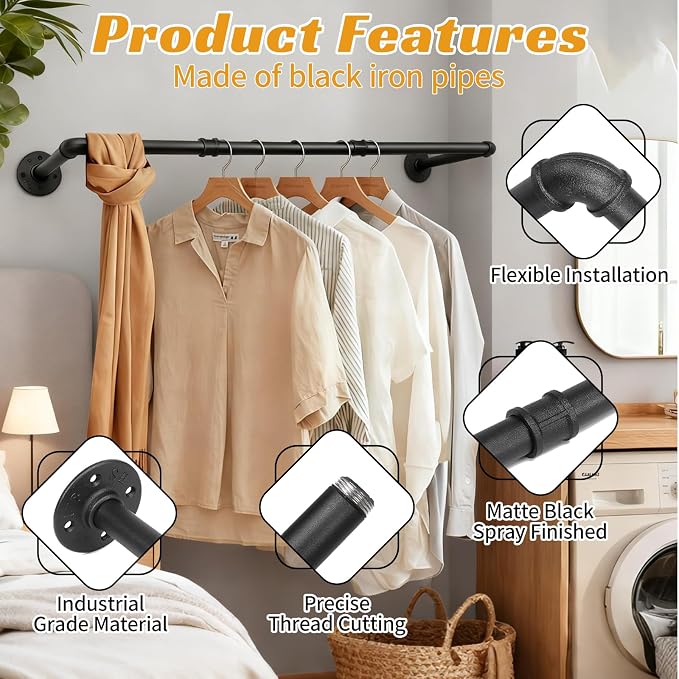 40 INCH Industrial Pipe Clothes Rack,Wall Mounted Clothes Rack,Metal | 150lbs Max Heavy Duty Clothing Rack,Powder Coating Surface,Space-Saving Hanging Rod for Laundry Room,Bedroom,Closet Storage