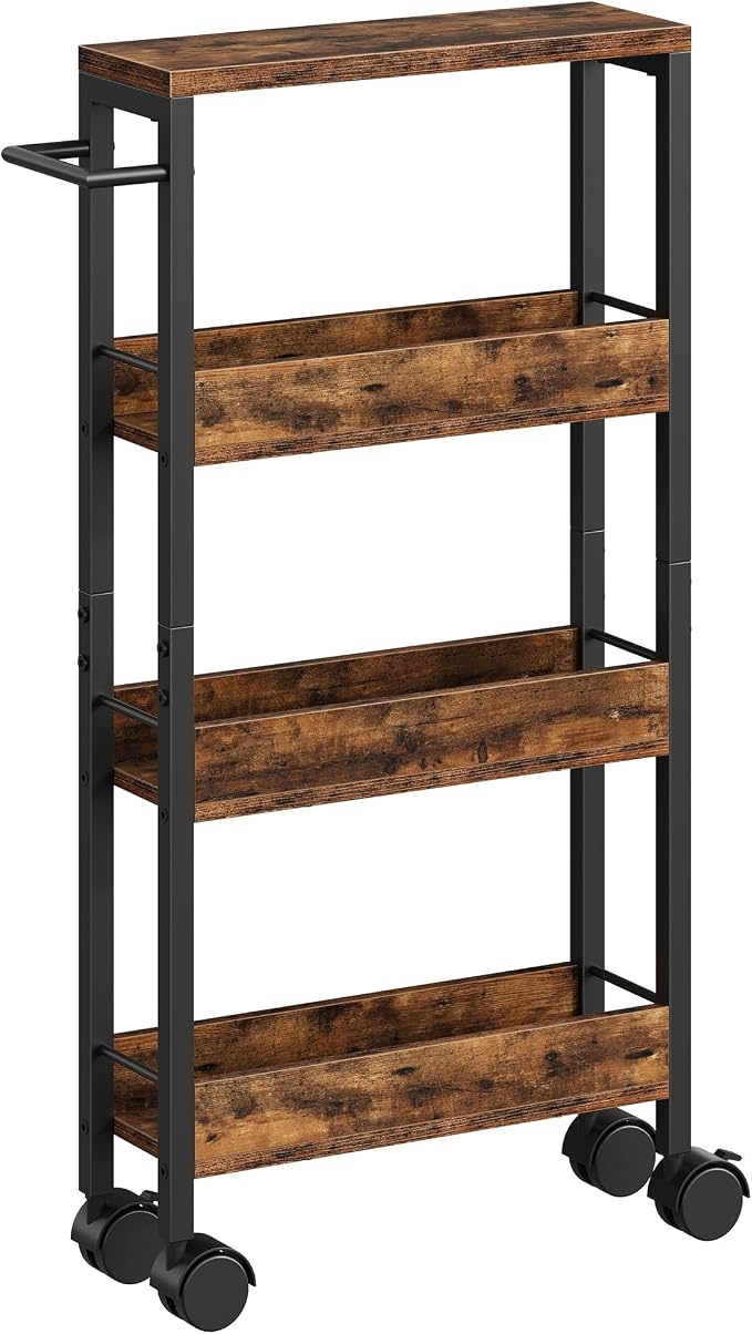 CHOEZON 4-Tier Slim Storage Cart, 5.1'' Kitchen Serving Trolley, Slim Rolling Cart with Handle and Guard Rails, Slim Cabinet for Small Spaces, for Dining Room, Rustic Brown and Black TTC01BF