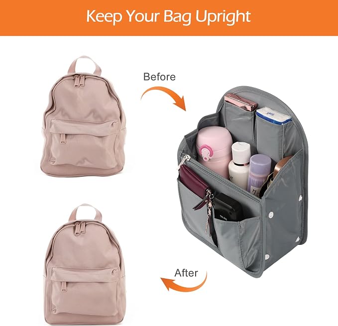 Surblue Backpack Organizer Insert Liner Hanging Travel Rucksack Purse and Handbag Insert Pocket, High-capacity Divider Foldable Nylon Shoulder Bag Organizer for Men and Women, (Grey, M)