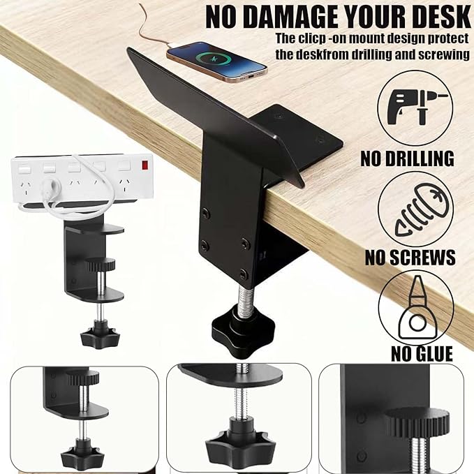 Desk Clamp for Power Strip -No-Drill Removable Power Strip Holder | No-Drill Mount for power strip clamp,Under Desk Power Strip Holder,Desks-Fits 0.5" to 1.96" Width - Black