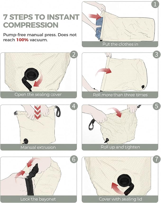 Travel Compression Laundry Bag, Pump-Free Vacuum Space Saver Bag for Dirty Clothes, Reusable Waterproof Wet Dry Bag, Travel Laundry Bag for Luggage, Packing, Suitcase (2 Pcs)（White, M + L)
