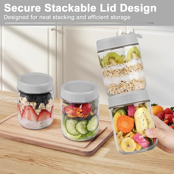 Overnight Oats Containers with Lids, 16oz Wide Mouth Mason Jars with Lids, 9 Pack Glass Jars with Airtight lid for Chia Pudding Yogurt Salad, Meal Prer Oatmeal Jars, Gray